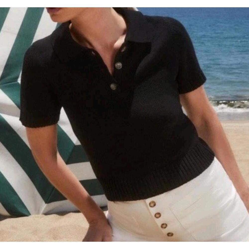 GOOP Alan black knit cotton cashmere polo sweater top sz S